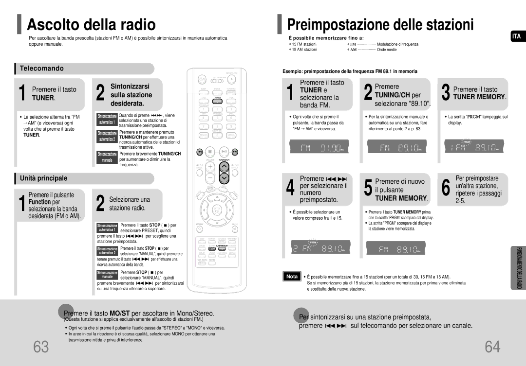 Samsung HT-P70NR/ELS, HT-P70R/ELS manual Ascolto della radio, Preimpostazione delle stazioni 