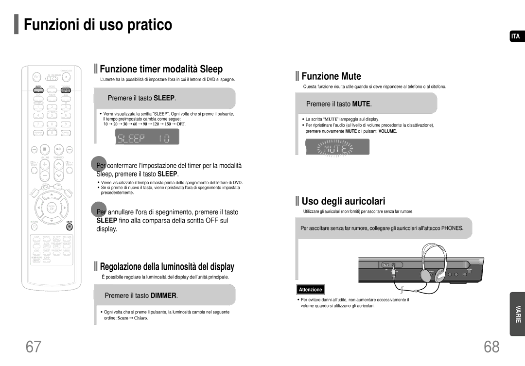 Samsung HT-P70NR/ELS manual Funzioni di uso pratico, Premere il tasto Sleep, Premere il tasto Dimmer, Premere il tasto Mute 