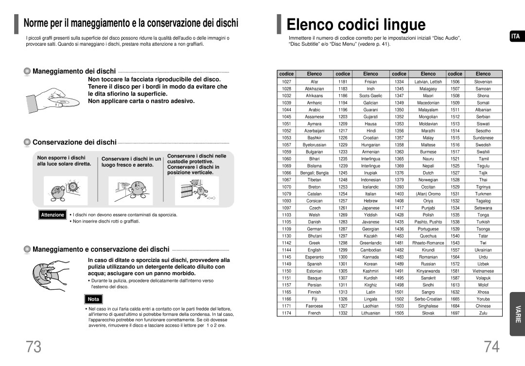 Samsung HT-P70R/ELS, HT-P70NR/ELS Elenco codici lingue, Maneggiamento dei dischi, Conservazione dei dischi, Codice Elenco 