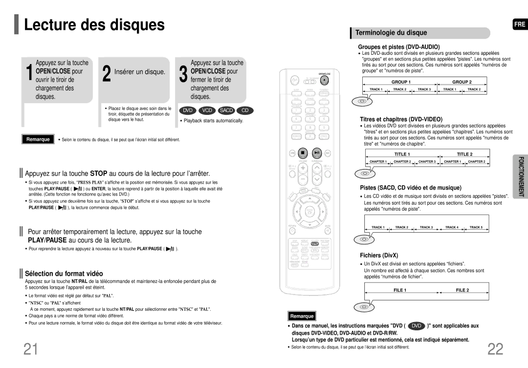 Samsung HT-P70R/ELS manual Lecture des disques, Terminologie du disque, Insérer un disque, Sé lection du format vidé o 