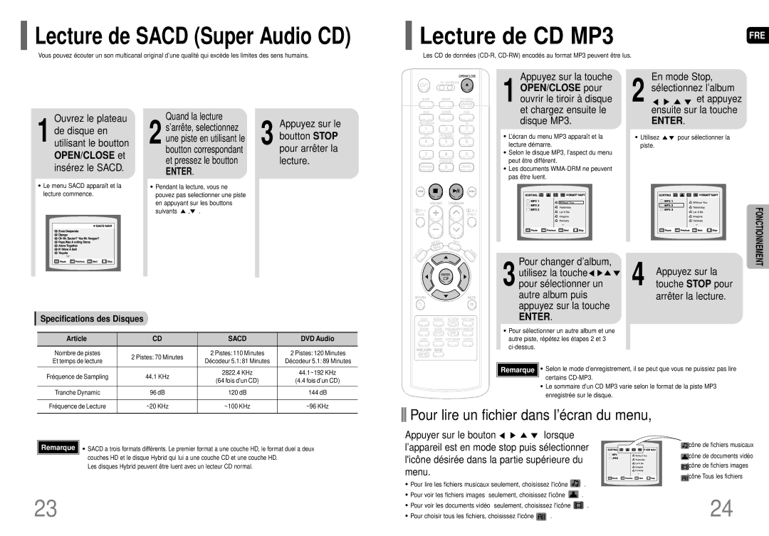 Samsung HT-P70R/ELS Appuyez sur la touche En mode Stop Ouvrez le plateau, Quand la lecture, Lecture, Pour changer d’album 