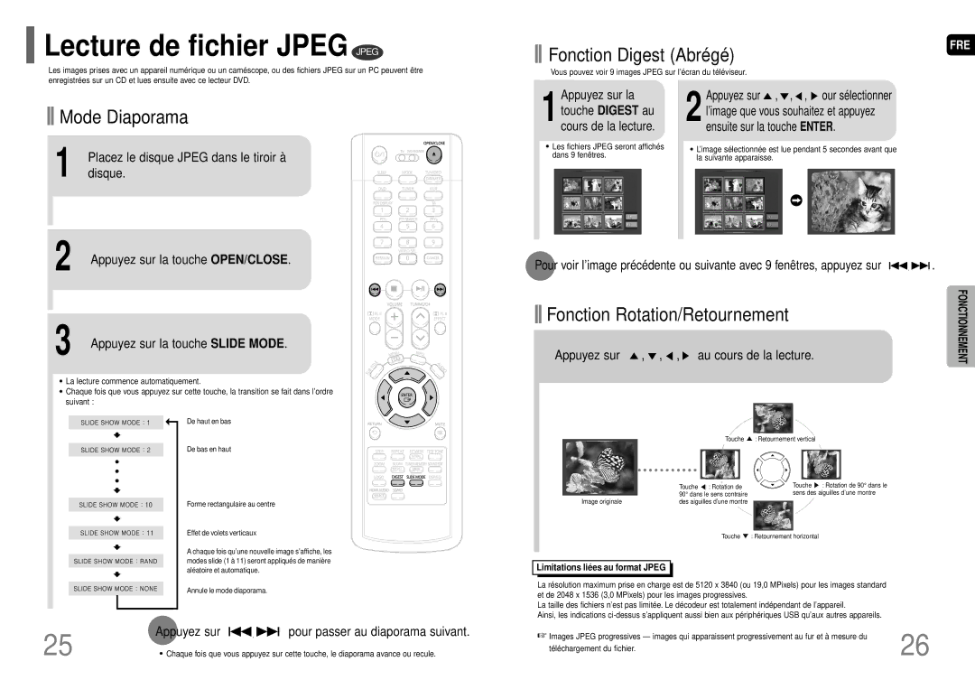 Samsung HT-P70R/ELS manual Lecture de fichier Jpeg Jpeg, Disque, Appuyez sur , , , our sélectionner 