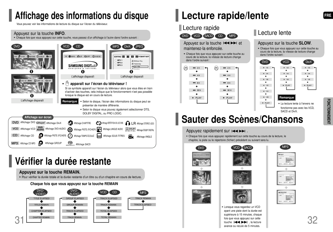 Samsung HT-P70R/ELS manual Lecture rapide/lente, Sauter des Scènes/Chansons, Vérifier la durée restante 