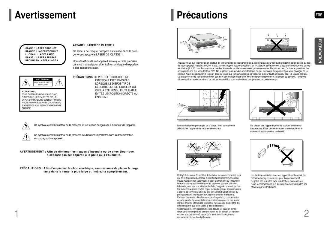 Samsung HT-P70R/ELS manual Avertissement PrécautionsFRE, Appareil Laser DE Classe 