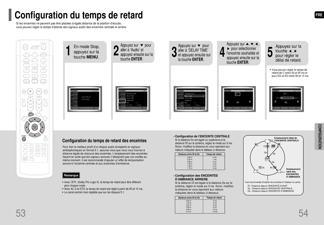 Samsung HT-P70R/ELS manual Configuration du temps de retard, Touche Menu, Touche , pour régler le délai de retard 