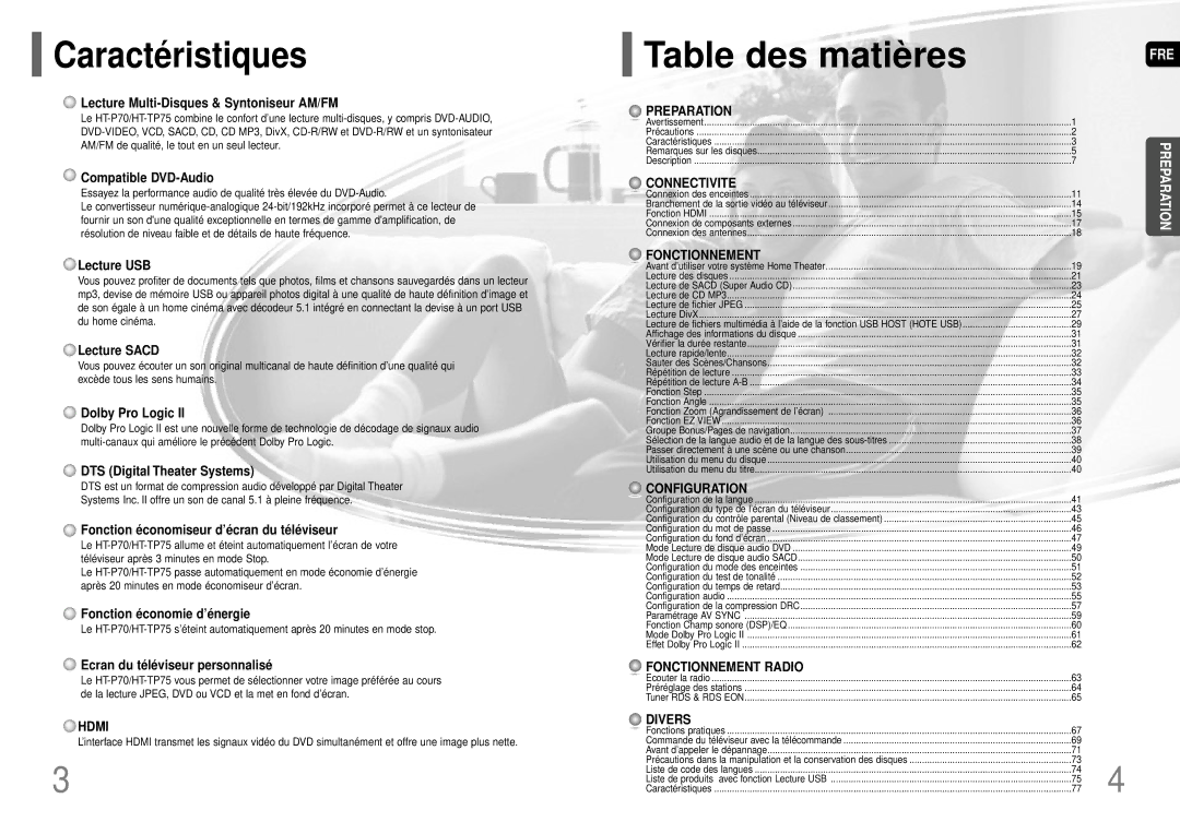 Samsung HT-P70R/ELS manual Caractéristiques, Table des matières 