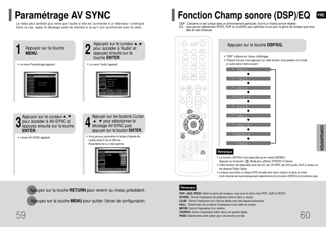 Samsung HT-P70R/ELS manual Paramé trage AV Sync, Appuyez ensuite sur la touche Enter, Appuyez sur la touche DSP/EQ 