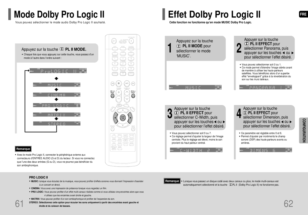 Samsung HT-P70R/ELS Mode Dolby Pro Logic, Appuyez sur la touche PL II Mode, PL II Mode pour sélectionner le mode ‘MUSIC’ 