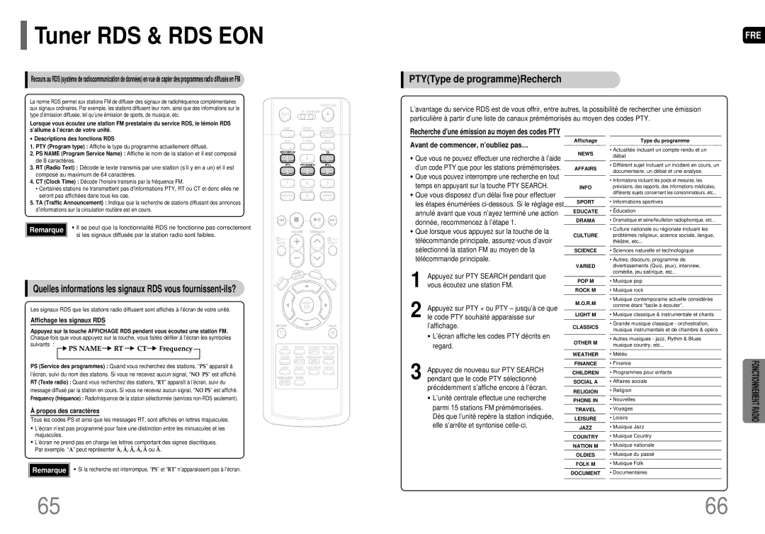 Samsung HT-P70R/ELS manual Tuner RDS & RDS EON, PTYType de programmeRecherch, Avant de commencer, n’oubliez pas… 