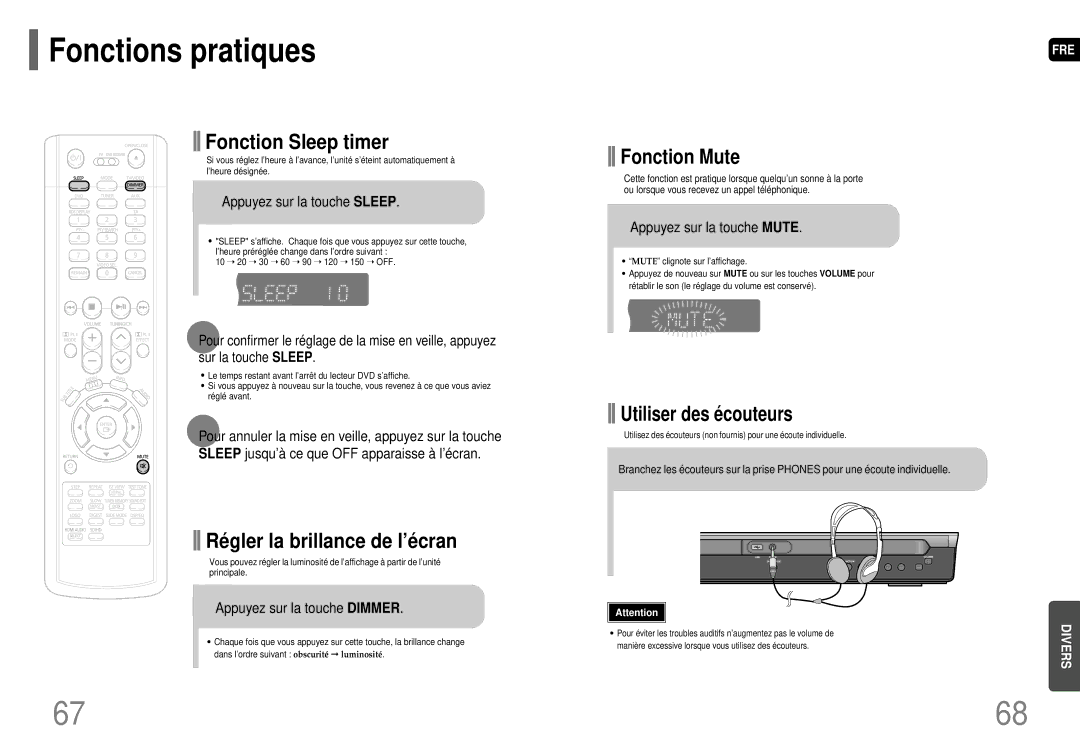 Samsung HT-P70R/ELS manual Fonctions pratiques, Appuyez sur la touche Sleep, Appuyez sur la touche Dimmer 