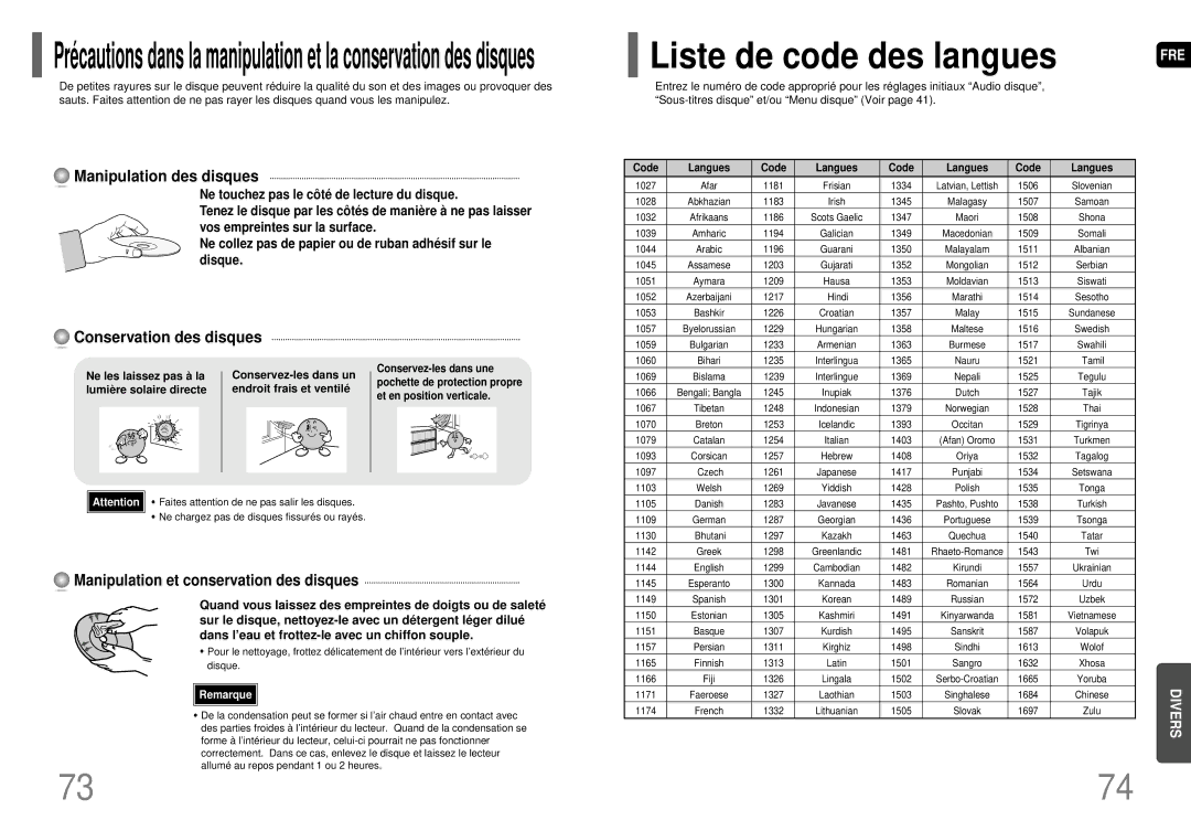 Samsung HT-P70R/ELS manual Liste de code des langues, Manipulation des disques, Conservation des disques, Code Langues 