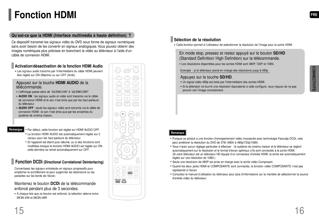 Samsung HT-P70R/ELS manual Fonction Hdmi, Activation/désactivation de la fonction Hdmi Audio, Sé lection de la ré solution 