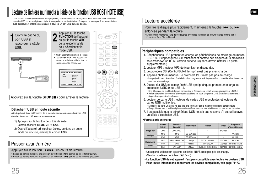 Samsung HT-P70R/ELS manual Appuyez sur la touche Stop pour arrêter la lecture, Dé tacher l’USB en toute sé curité 