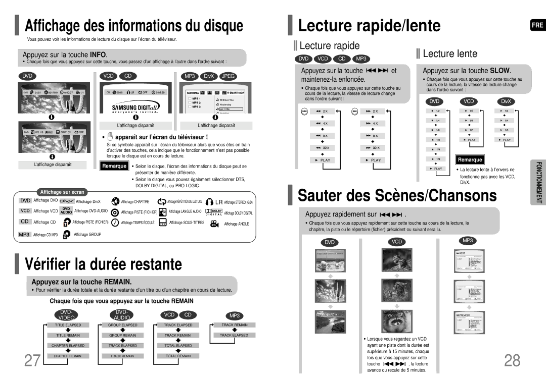 Samsung HT-P70R/ELS manual Lecture rapide/lente, Sauter des Scènes/Chansons, Vérifier la durée restante 