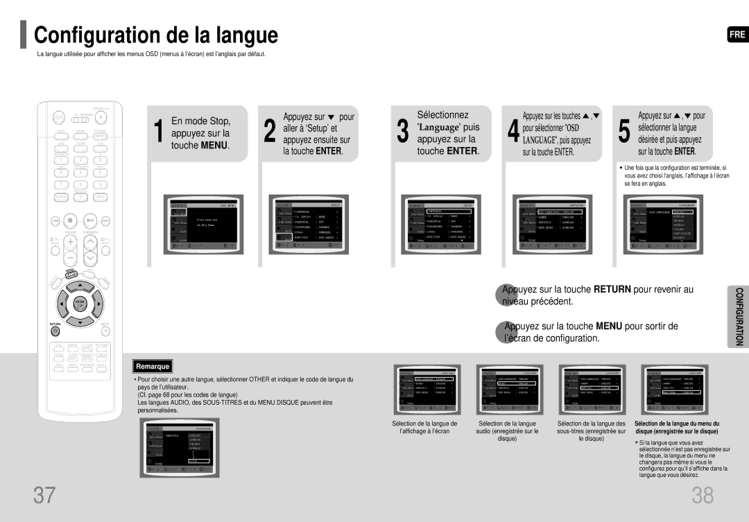 Samsung HT-P70R/ELS manual Configuration de la langue, Sélectionnez, Appuyez sur , pour, Niveau précédent 