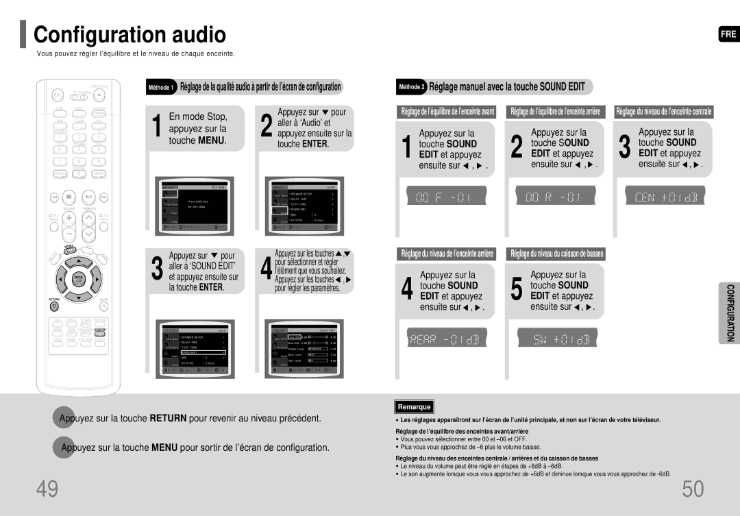 Samsung HT-P70R/ELS manual Configuration audio, Pour, Aller à ‘SOUND EDIT’, Touche Sound Edit et appuyez ensuite sur 