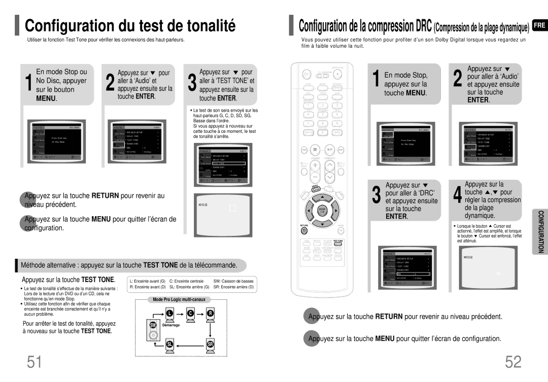 Samsung HT-P70R/ELS manual Configuration du test de tonalité, Mode Stop ou, Disc, appuyer Aller à ‘Audio’ et Sur le bouton 