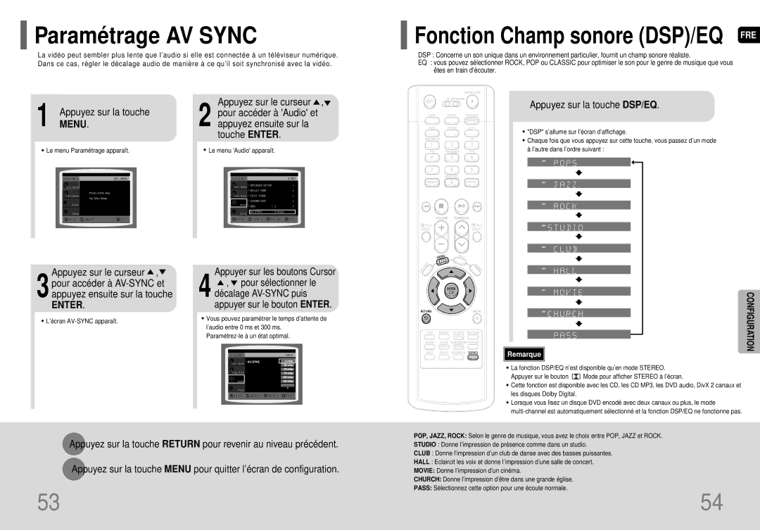 Samsung HT-P70R/ELS manual Paramé trage AV Sync, Appuyez ensuite sur la touche Enter, Appuyez sur la touche DSP/EQ 