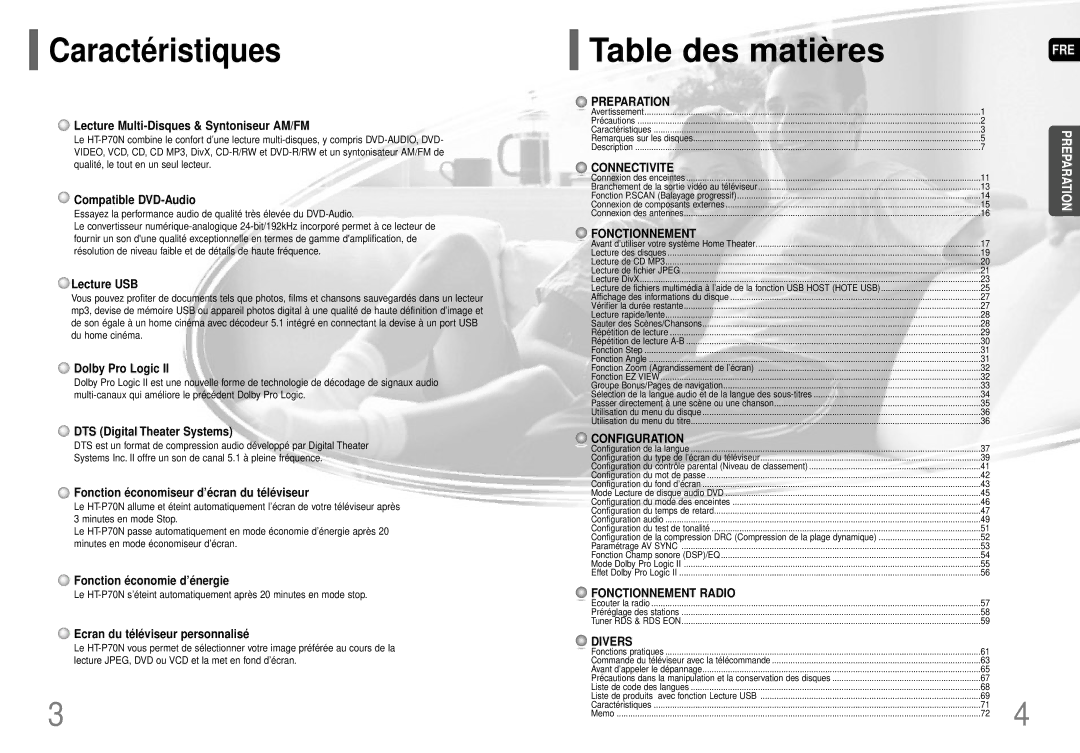 Samsung HT-P70R/ELS manual Caractéristiques, Table des matières 