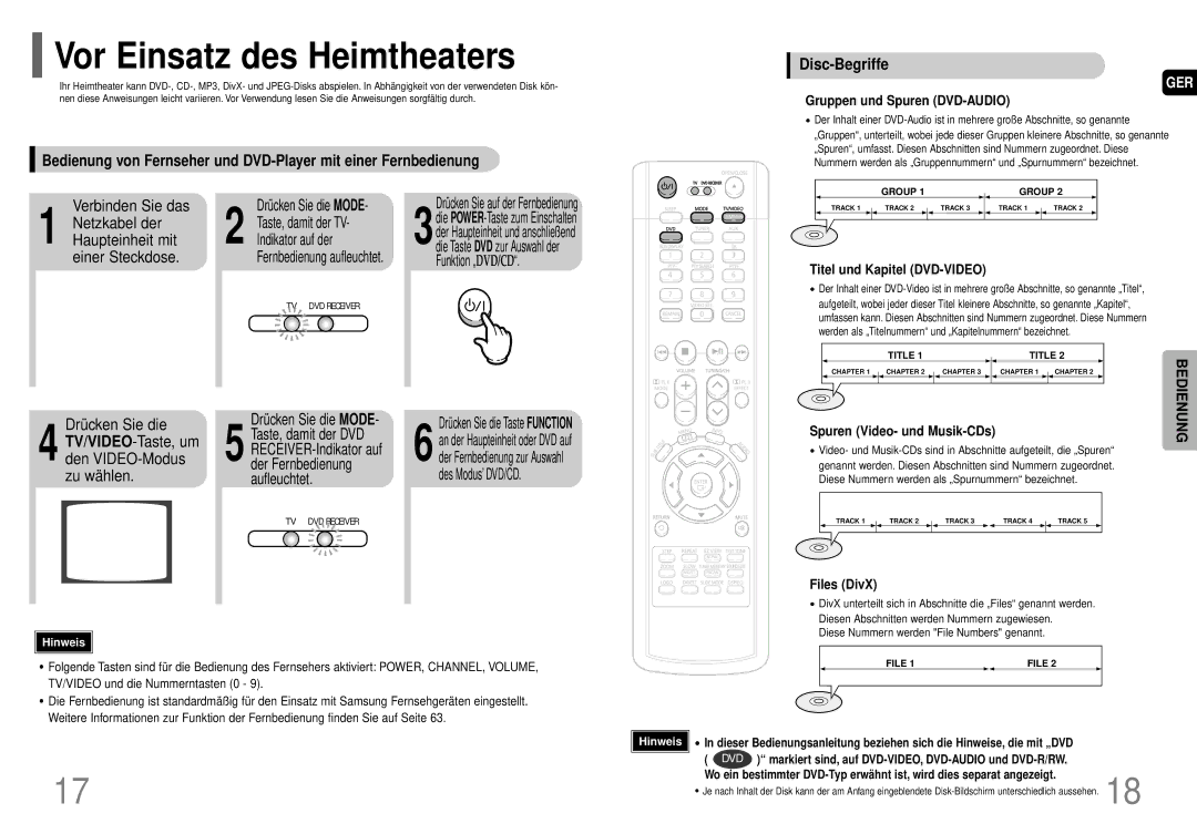 Samsung HT-P70R/ELS manual Vor Einsatz des Heimtheaters 