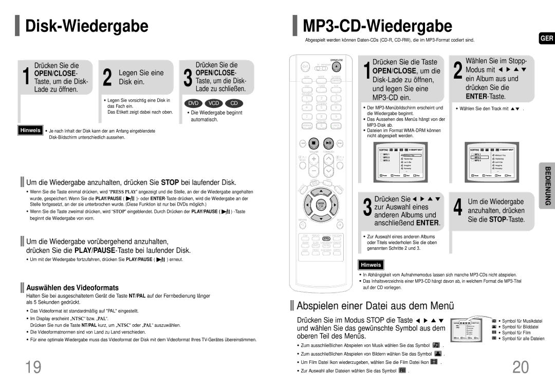 Samsung HT-P70R/ELS manual Disk-Wiedergabe MP3-CD-Wiedergabe, Auswä hlen des Videoformats 