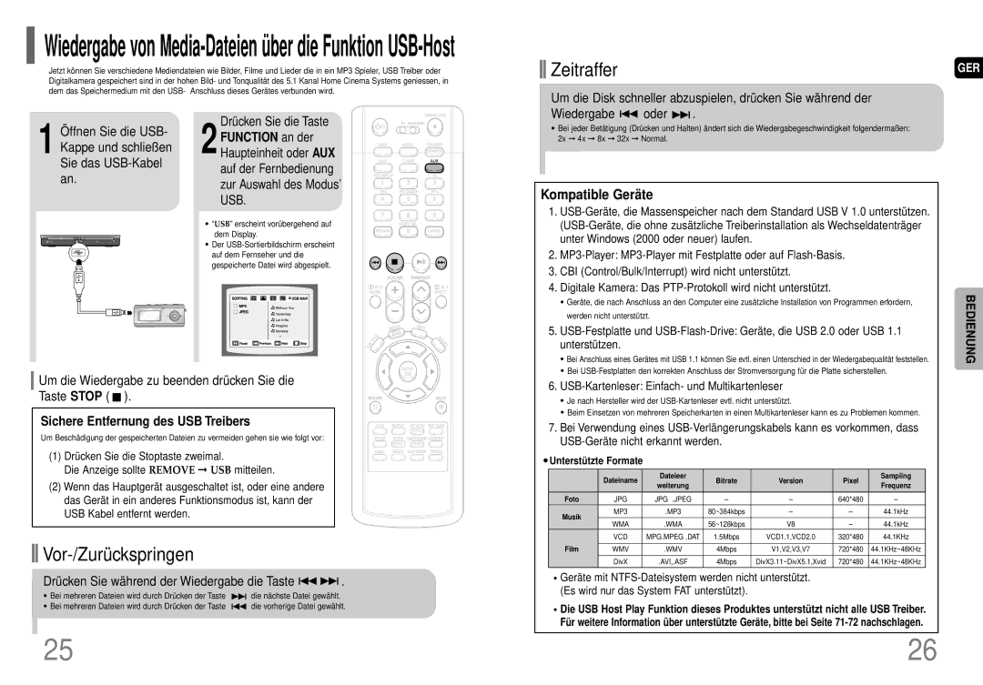 Samsung HT-P70R/ELS manual Kompatible Gerä te, Wiedergabe oder, Um die Wiedergabe zu beenden drücken Sie die Taste Stop 