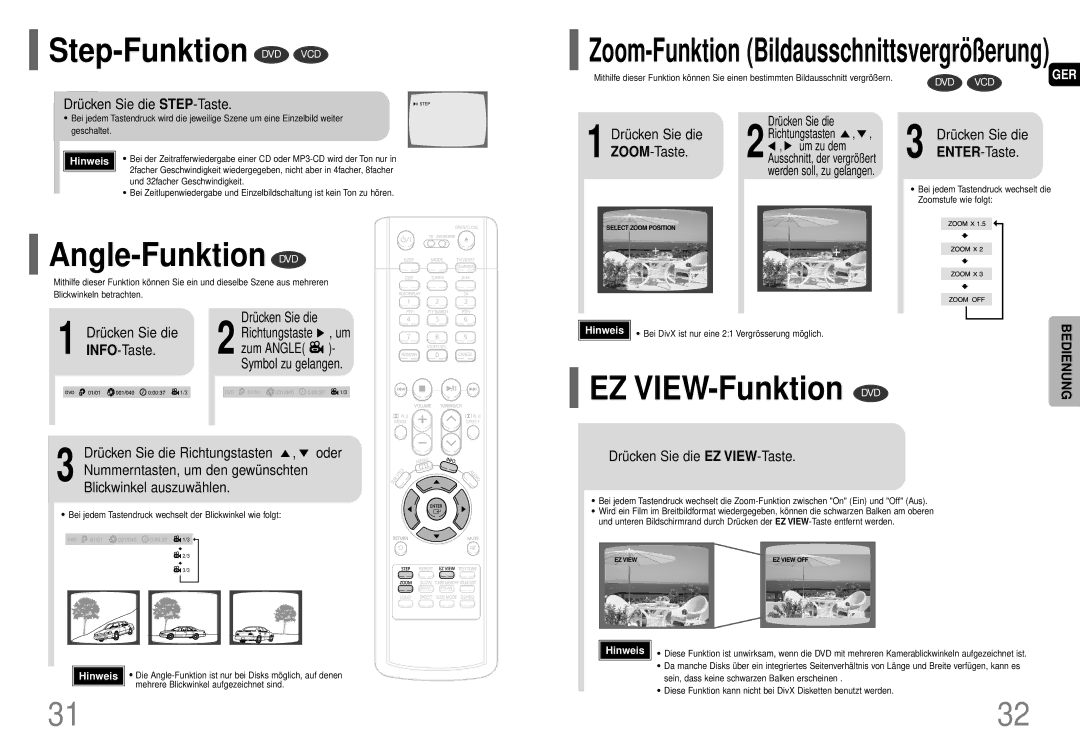 Samsung HT-P70R/ELS manual Step-Funktion DVD VCD, Angle-Funktion DVD, EZ VIEW-Funktion DVD 