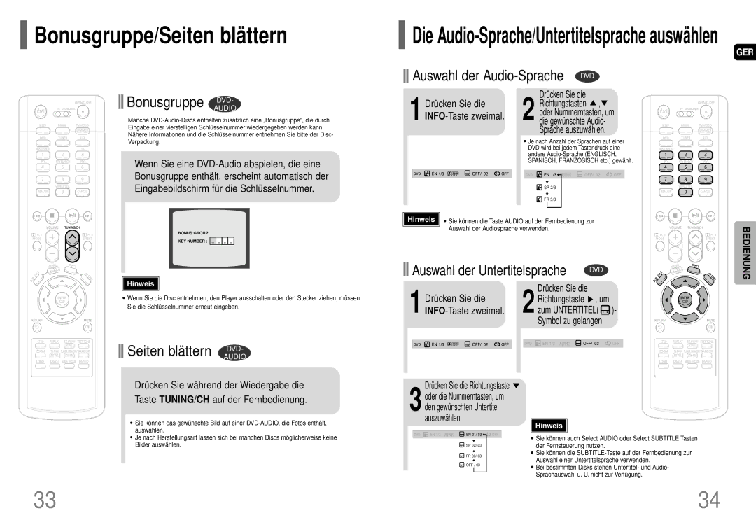 Samsung HT-P70R/ELS manual Bonusgruppe/Seiten blättern, Symbol zu gelangen, Richtungstaste , um 