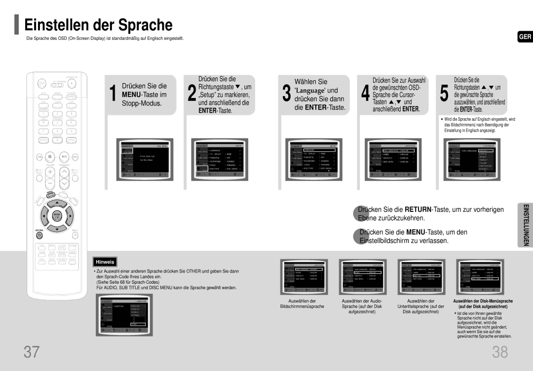 Samsung HT-P70R/ELS manual Einstellen der Sprache, Wählen Sie, Drücken Sie die RETURN-Taste, um zur vorherigen 