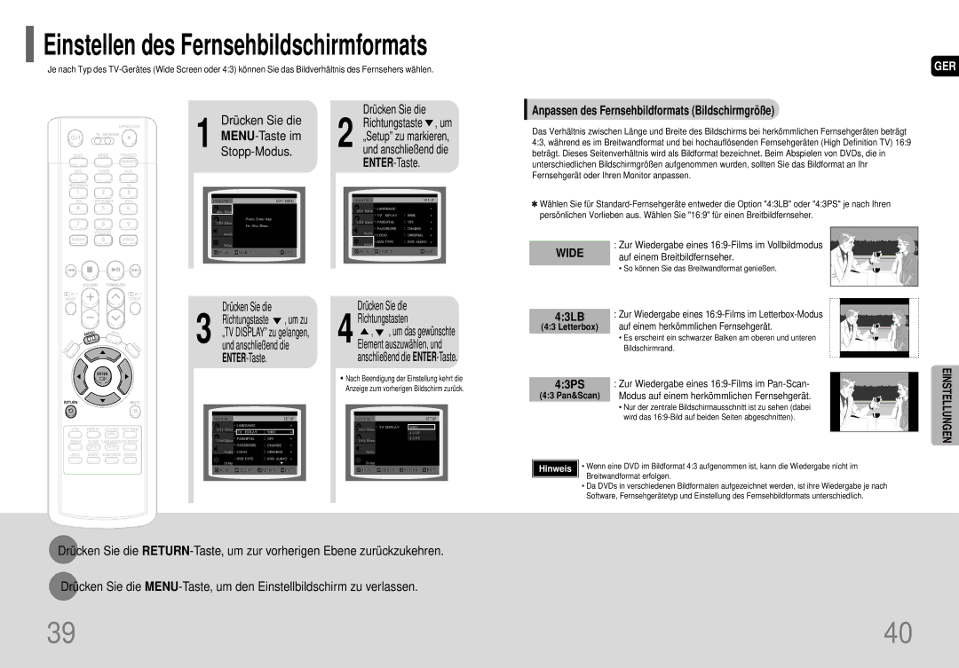 Samsung HT-P70R/ELS manual MENU-Taste im, Stopp-Modus, ENTER-Taste, Anpassen des Fernsehbildformats Bildschirmgröße, 43PS 