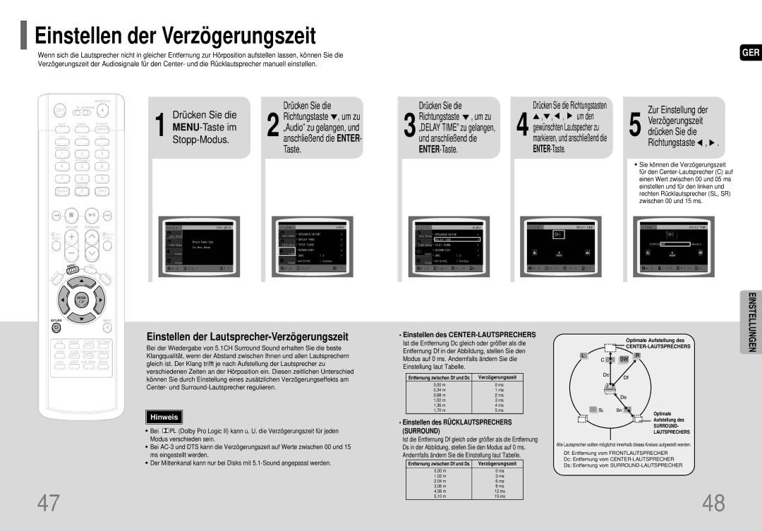 Samsung HT-P70R/ELS manual Einstellen der Verzögerungszeit, Einstellen der Lautsprecher-Verzögerungszeit 