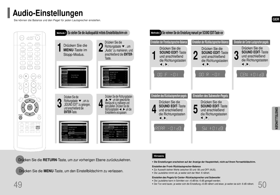 Samsung HT-P70R/ELS manual Audio-Einstellungen, Einstellwerte anzupassen, MENU-Taste im, Drücken Sie die Sound EDIT-Taste 