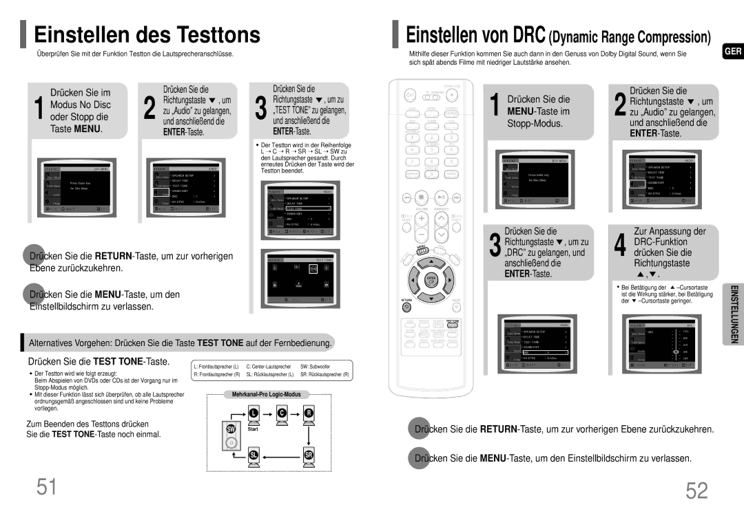 Samsung HT-P70R/ELS manual Einstellen des Testtons, Drücken Sie im, Drücken Sie die Test TONE-Taste 