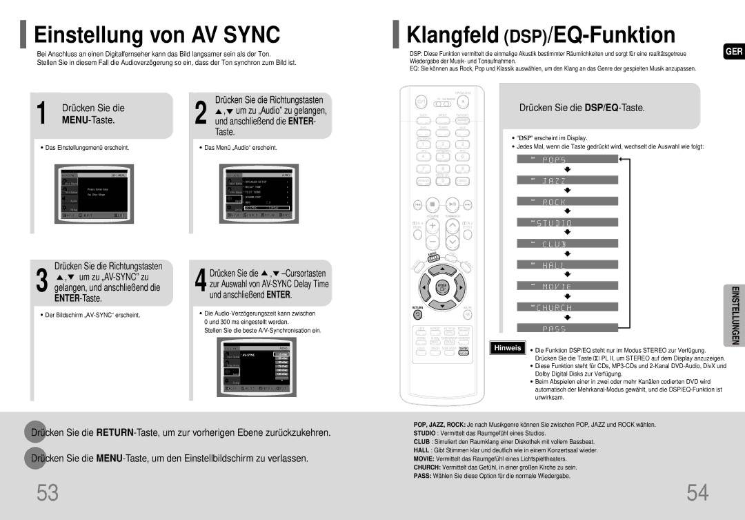 Samsung HT-P70R/ELS manual Einstellung von AV Sync, Klangfeld DSP/EQ-Funktion, MENU-Taste, Drücken Sie die DSP/EQ-Taste 