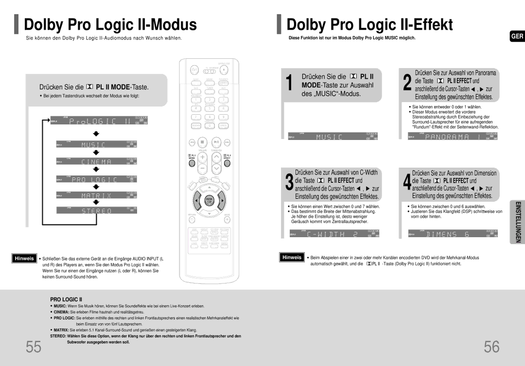 Samsung HT-P70R/ELS manual Dolby Pro Logic II-Modus, Dolby Pro Logic II-Effekt, Drücken Sie die PL II MODE-Taste 