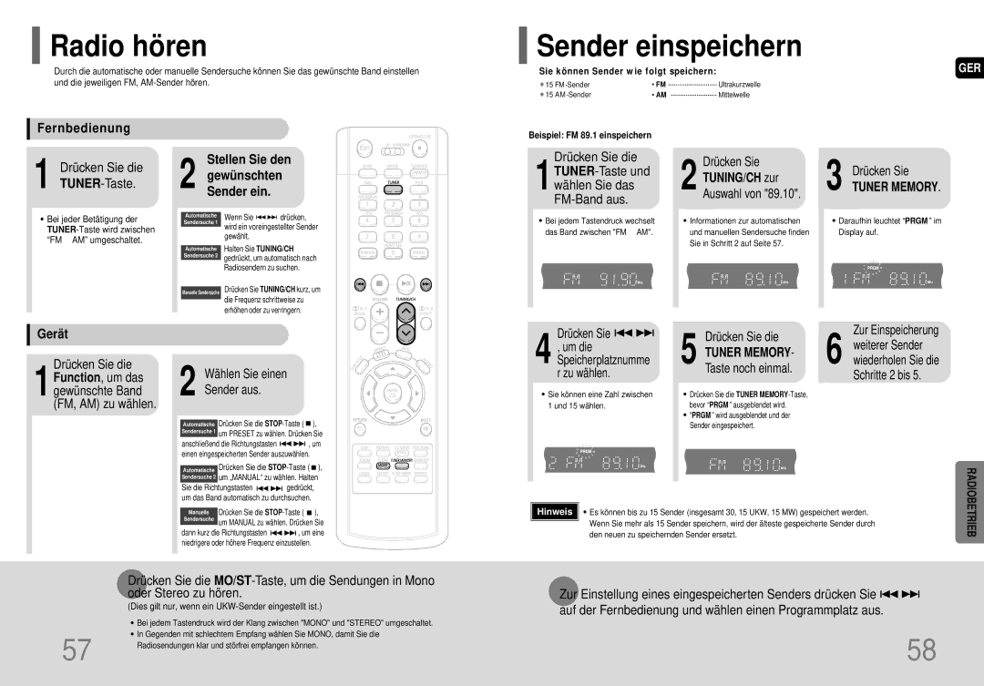 Samsung HT-P70R/ELS manual Radio hö ren, Sender einspeichern, Fernbedienung, Stellen Sie den, Gerä t 