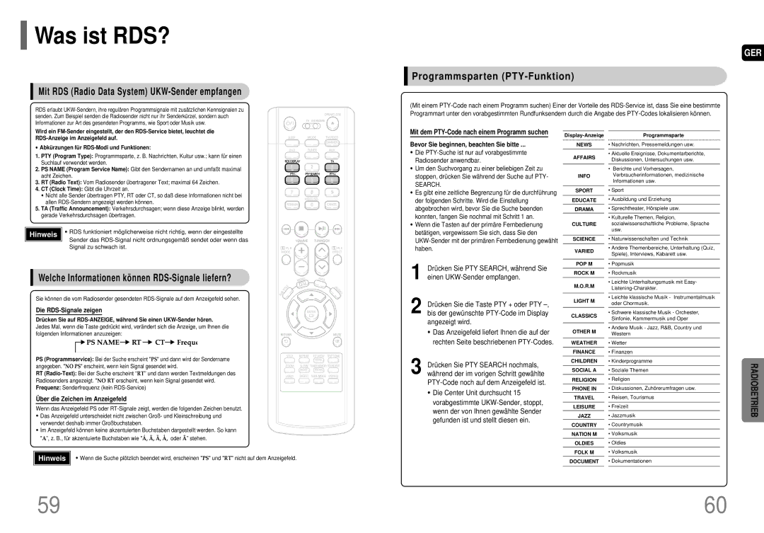 Samsung HT-P70R/ELS manual Was ist RDS?, Mit RDS Radio Data System UKW-Sender empfangen, Programmsparten PTY-Funktion 