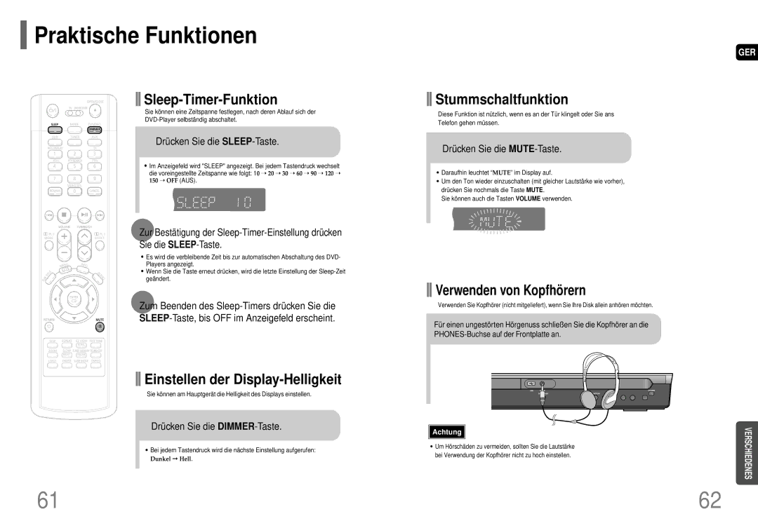 Samsung HT-P70R/ELS manual Praktische Funktionen, Drücken Sie die SLEEP-Taste, Drücken Sie die DIMMER-Taste 