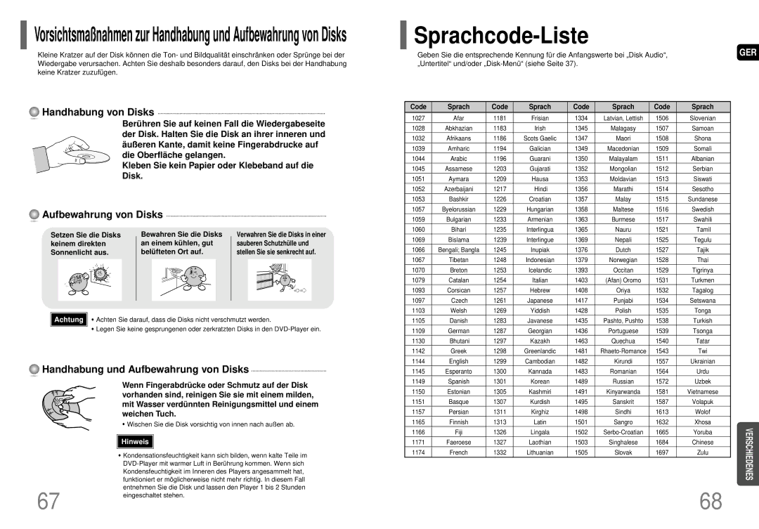 Samsung HT-P70R/ELS manual Sprachcode-Liste, Handhabung von Disks, Handhabung und Aufbewahrung von Disks 