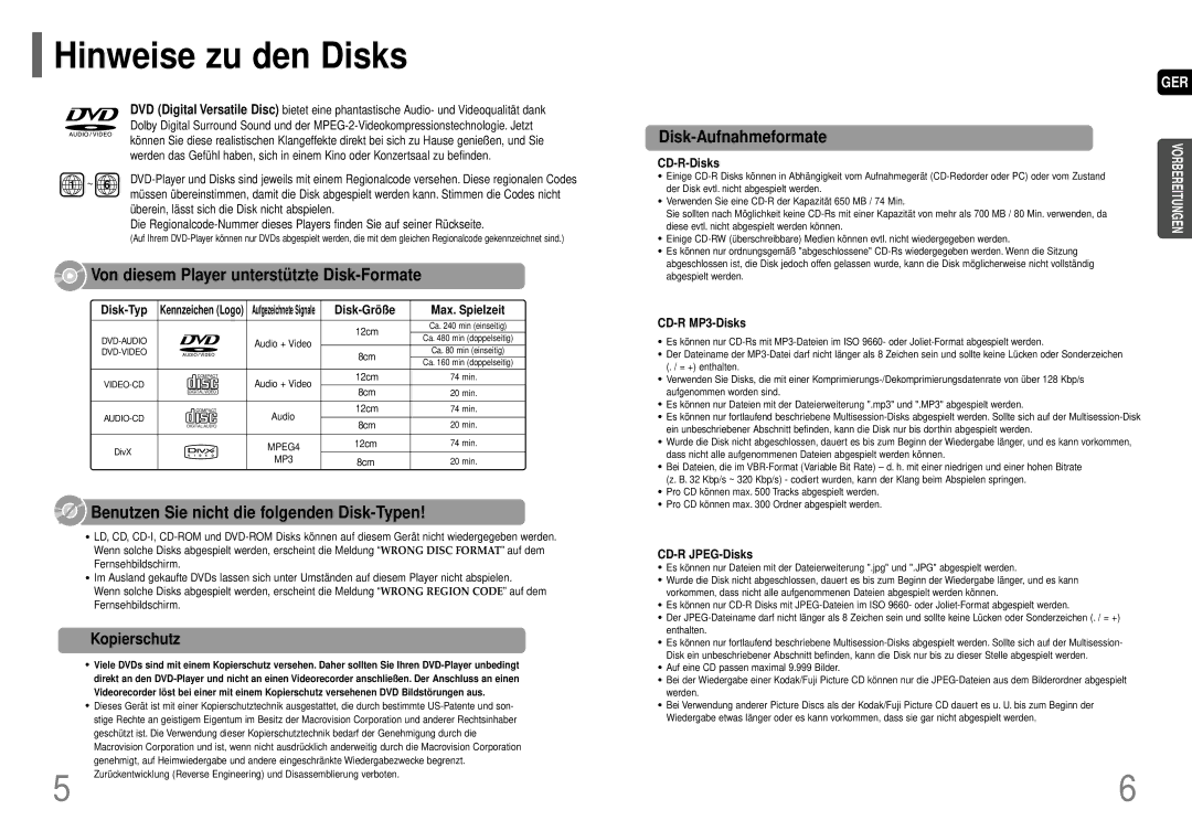 Samsung HT-P70R/ELS manual Hinweise zu den Disks, Von diesem Player unterstü tzte Disk-Formate, Disk-Aufnahmeformate 