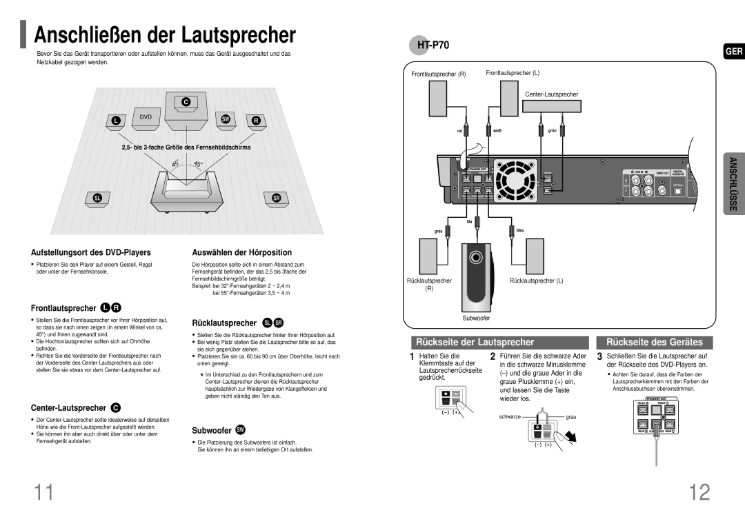 Samsung HT-P70R/ELS manual Anschließen der Lautsprecher 