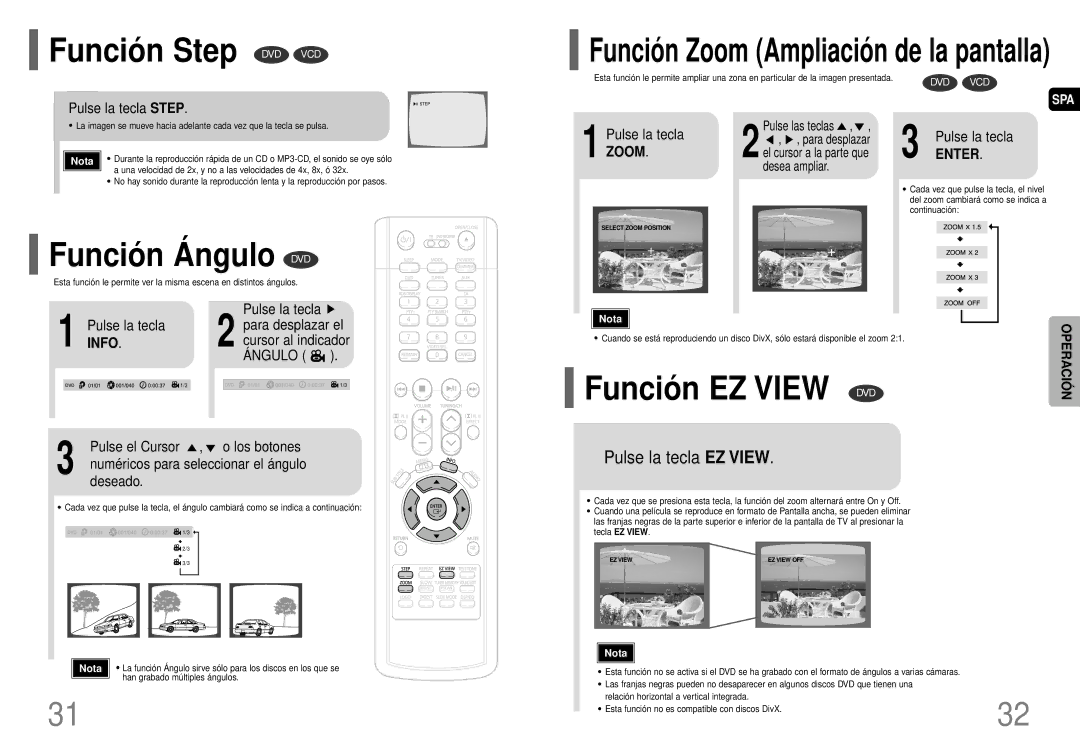 Samsung HT-P70R/ELS Funció n Step DVD VCD, Funció n Á ngulo DVD, Pulse la tecla Step, Pulse el Cursor , o los botones 