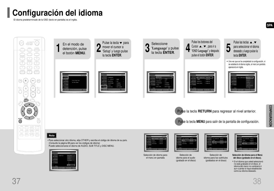 Samsung HT-P70R/ELS Configuración del idioma, En el modo de, Detención, pulse, El botón Menu La tecla Enter Seleccione 