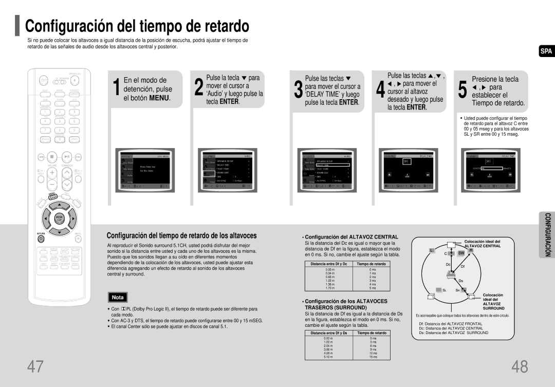 Samsung HT-P70R/ELS manual 1el Detención, pulse, Tecla Enter, Presione la tecla, Para establecer el Tiempo de retardo 