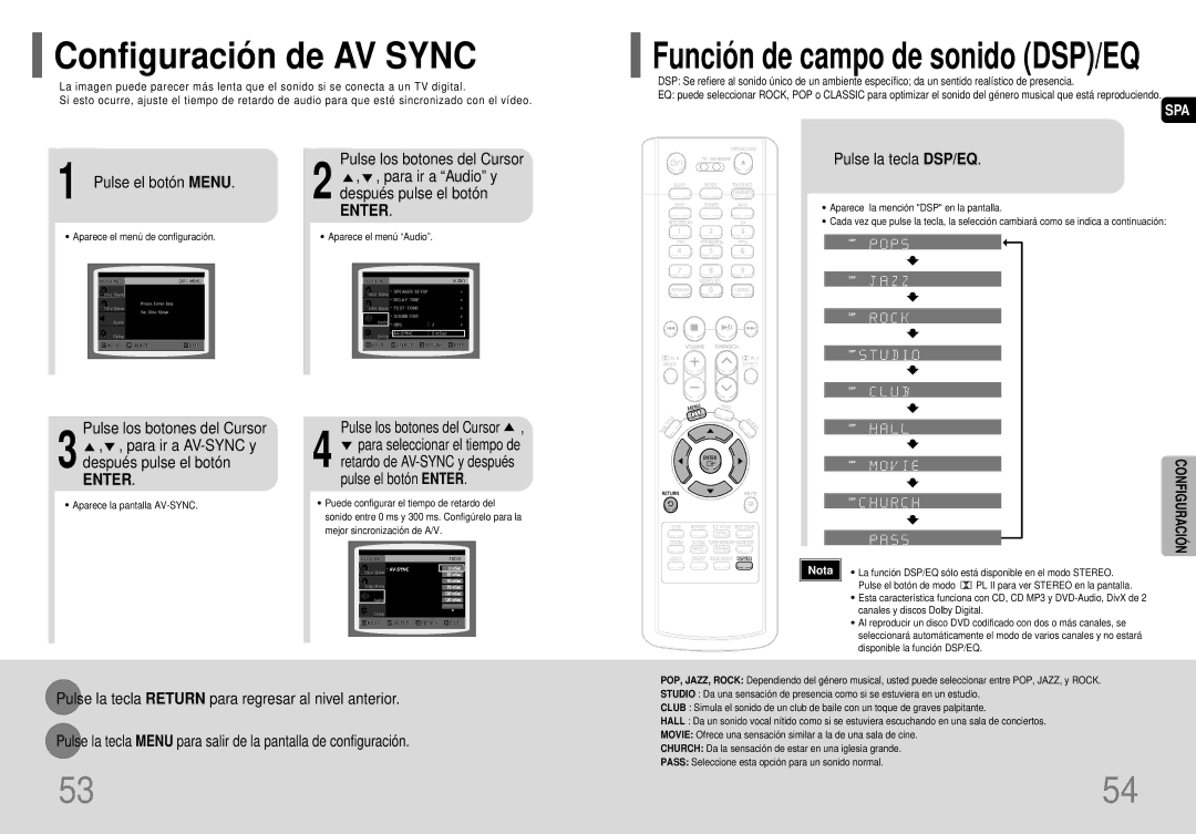 Samsung HT-P70R/ELS Configuració n de AV Sync, Pulse el botón Menu, Pulse los botones del Cursor, Pulse la tecla DSP/EQ 