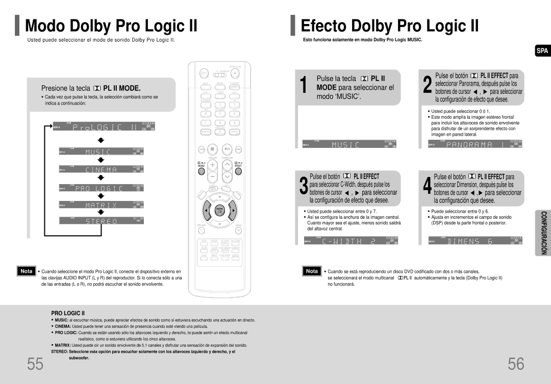 Samsung HT-P70R/ELS manual Modo Dolby Pro Logic, Efecto Dolby Pro Logic, Presione la tecla PL II Mode, Pulse la tecla PL 