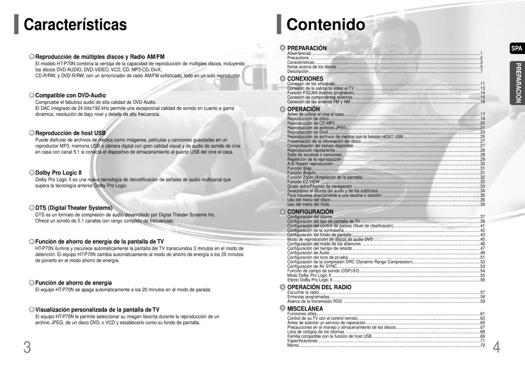 Samsung HT-P70R/ELS manual Características, Contenido 