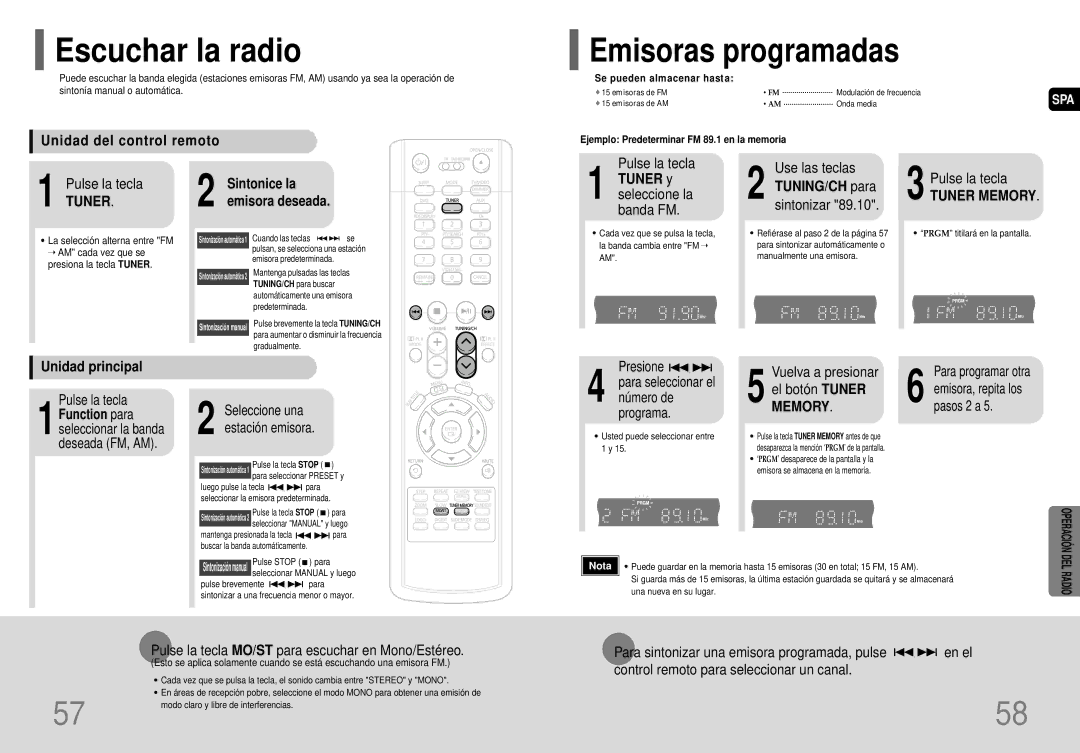 Samsung HT-P70R/ELS manual Escuchar la radio, Emisoras programadas, Unidad del control remoto, Tuner y TUNING/CH para 