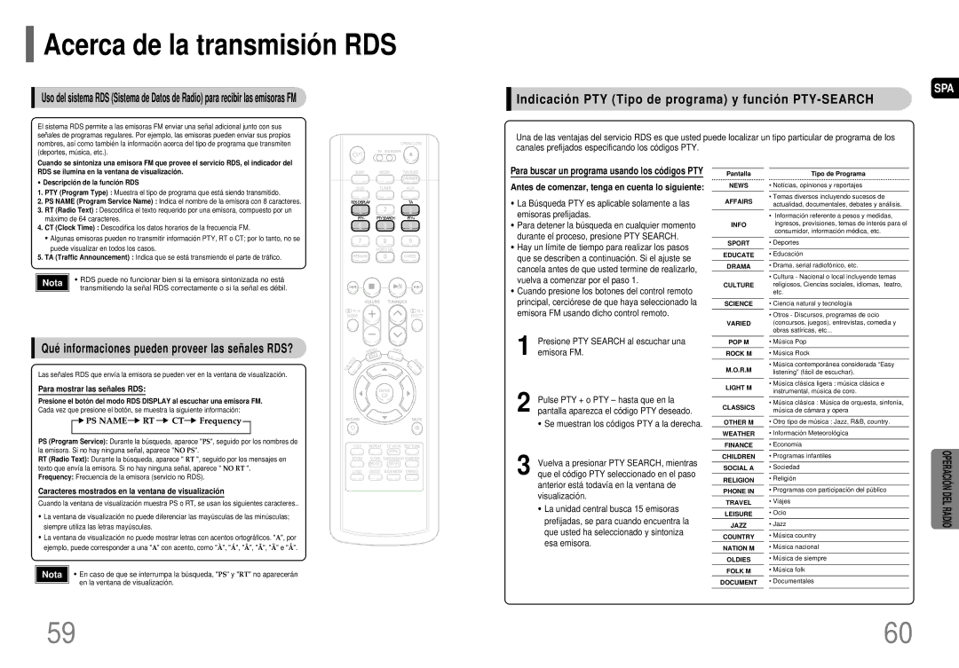 Samsung HT-P70R/ELS manual Acerca de la transmisió n RDS, Indicació n PTY Tipo de programa y funció n PTY-SEARCH 