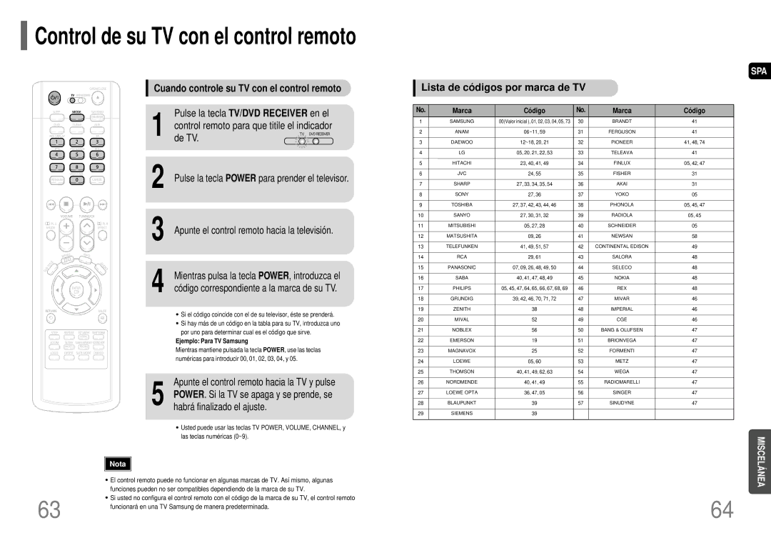 Samsung HT-P70R/ELS manual Cuando controle su TV con el control remoto, De TV, Código correspondiente a la marca de su TV 